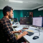 Vue 3 w małych projektach biznesowych: kiedy warto porzucić Angulara Programista pracujący nad kodem przy dwóch monitorach w biurze